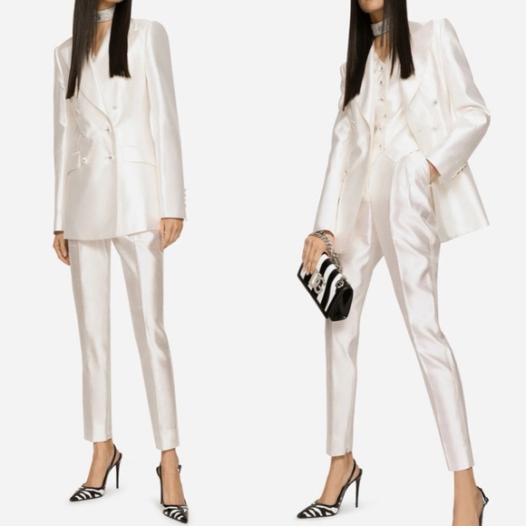 DOLCE & GABBANA Suit😍Cream Silk Stripe Pantsuit Double Breasted Blazer & Pants - Picture 2 of 16